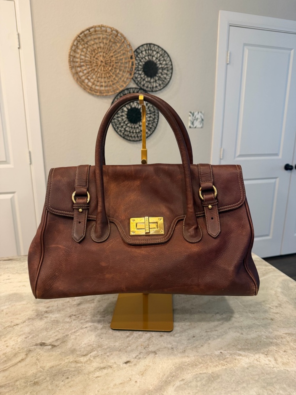 Lauren Ralph Lauren Brown Leather Top-Handle Satchel with Gold Hardware